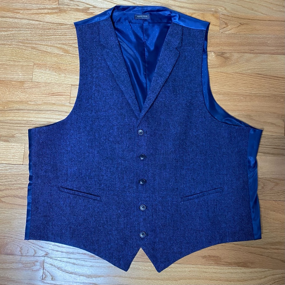 Madison Vest Waistcoat Mens XXL Blue Wool Pockets Button Front Notch Lapel